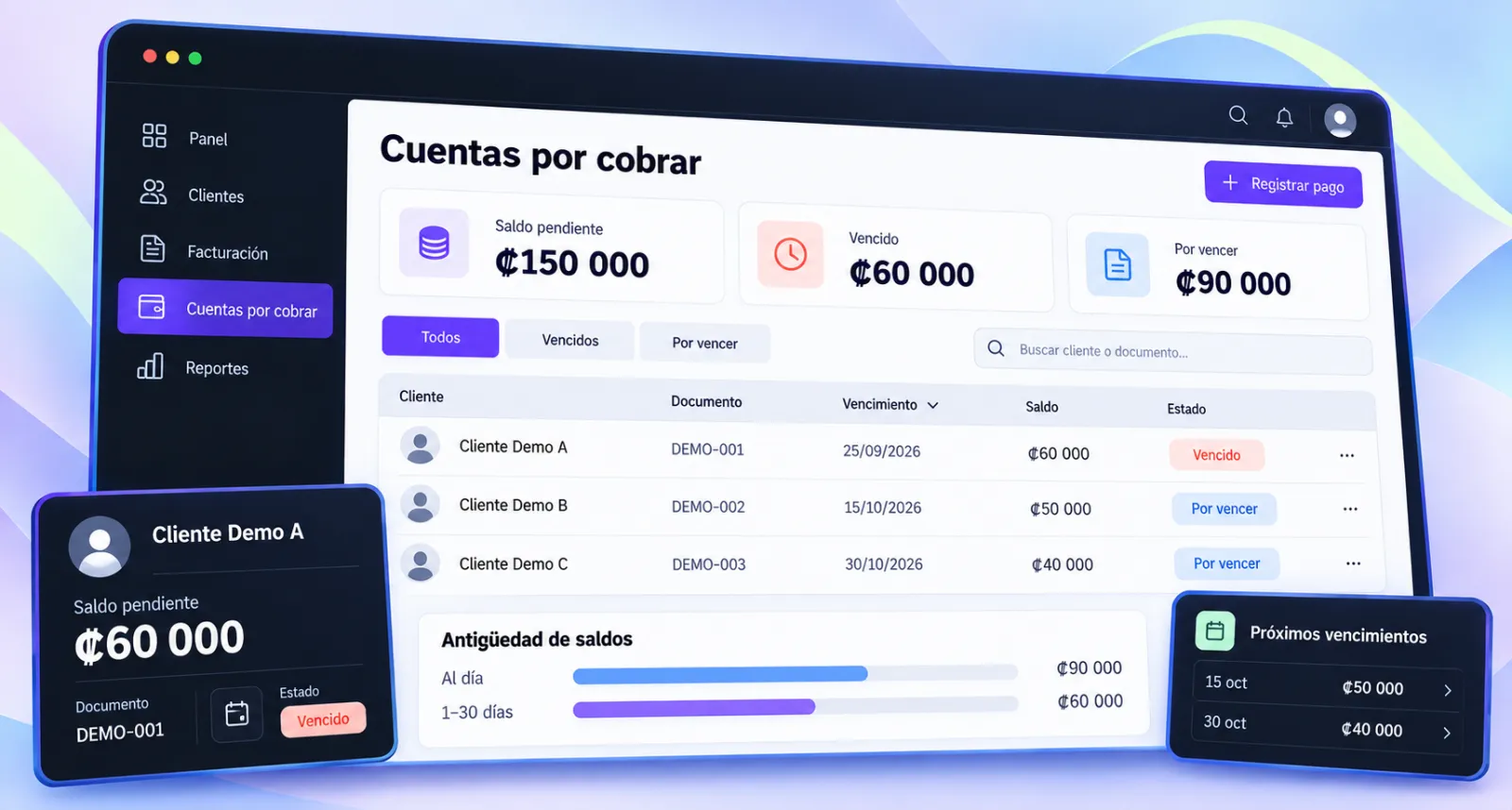 Pantalla del módulo de cuentas por cobrar en el sistema