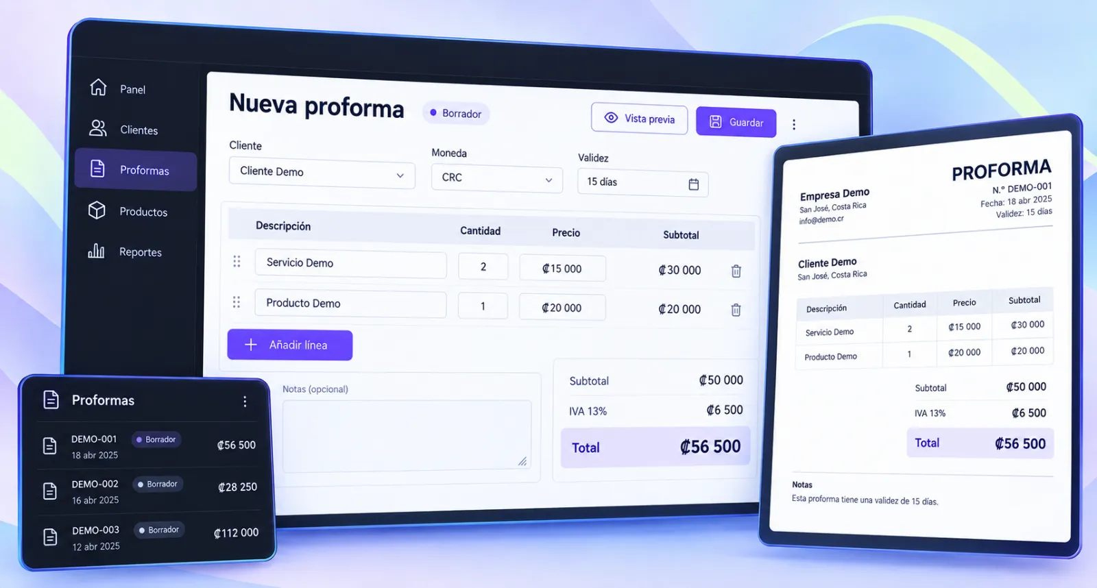 Pantalla del módulo de proformas en el sistema