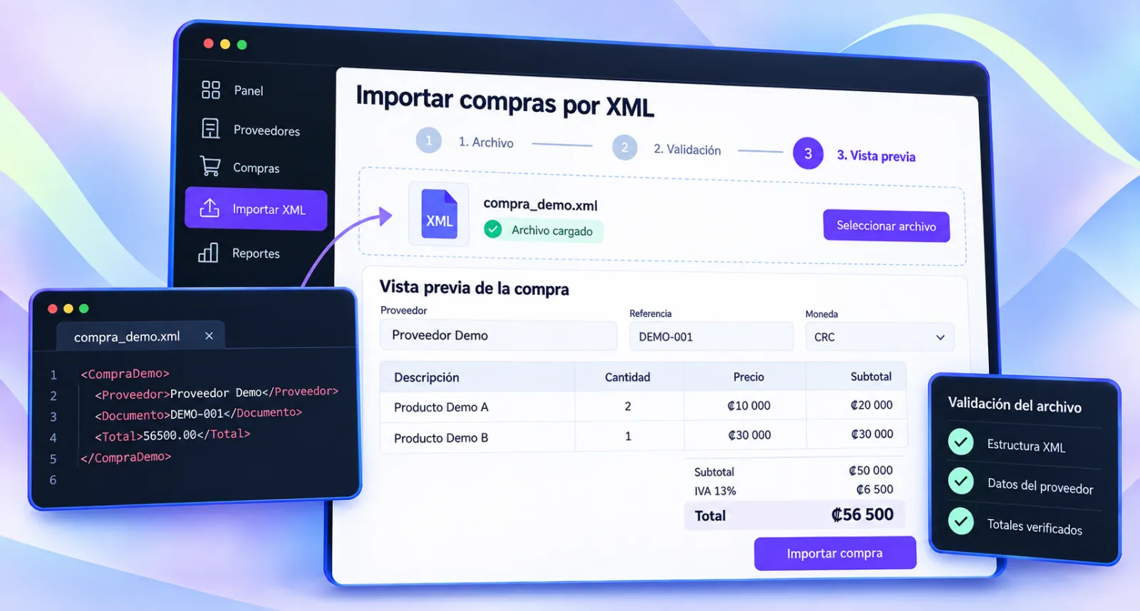 Pantalla del módulo de compras en el sistema