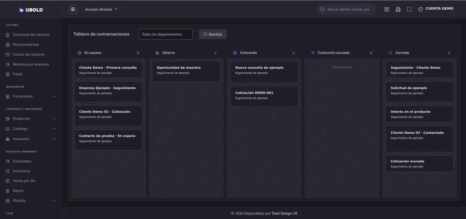 Pantalla del módulo de tareas en el sistema