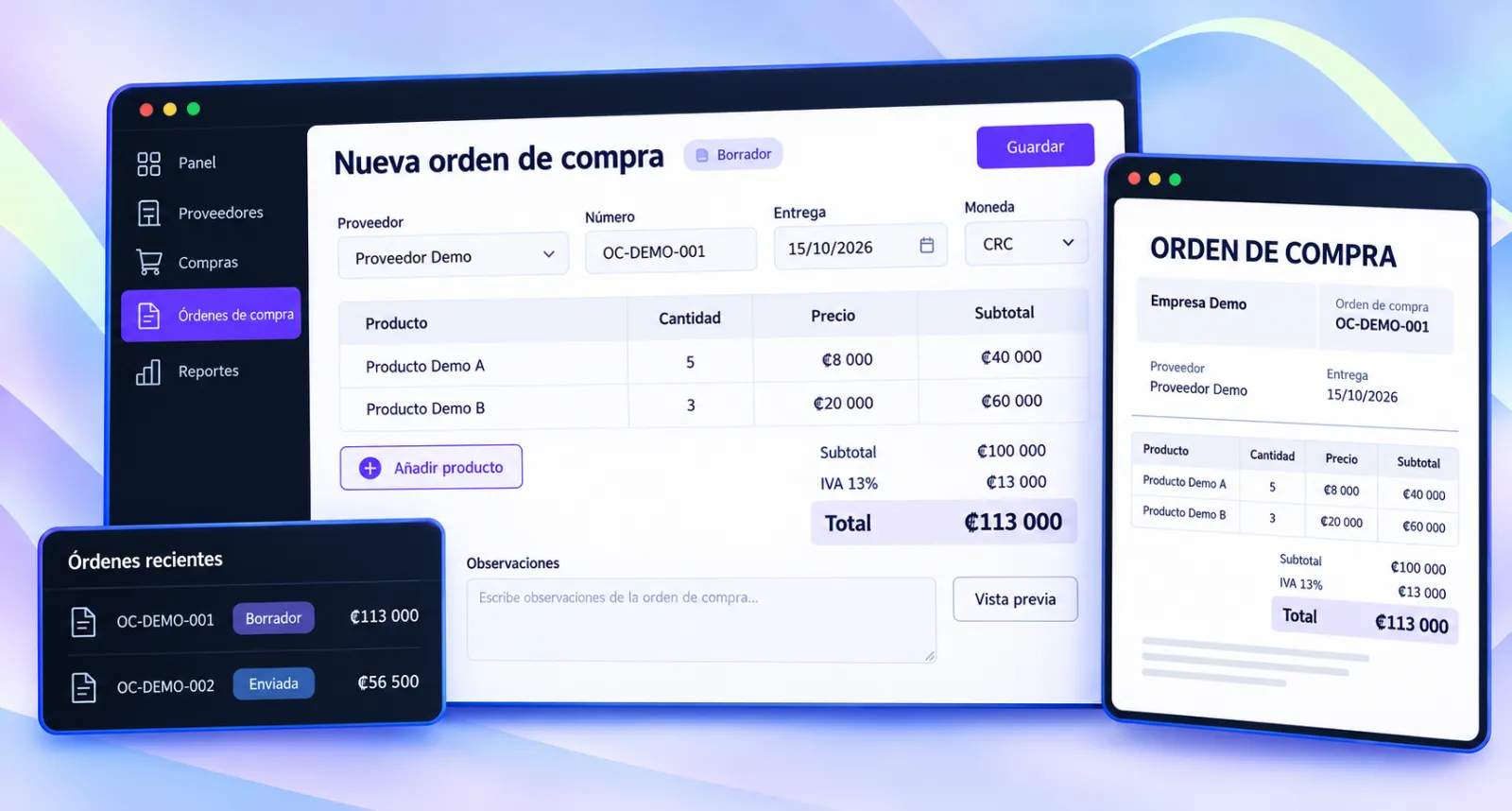 Pantalla del módulo de órdenes de compra en el sistema