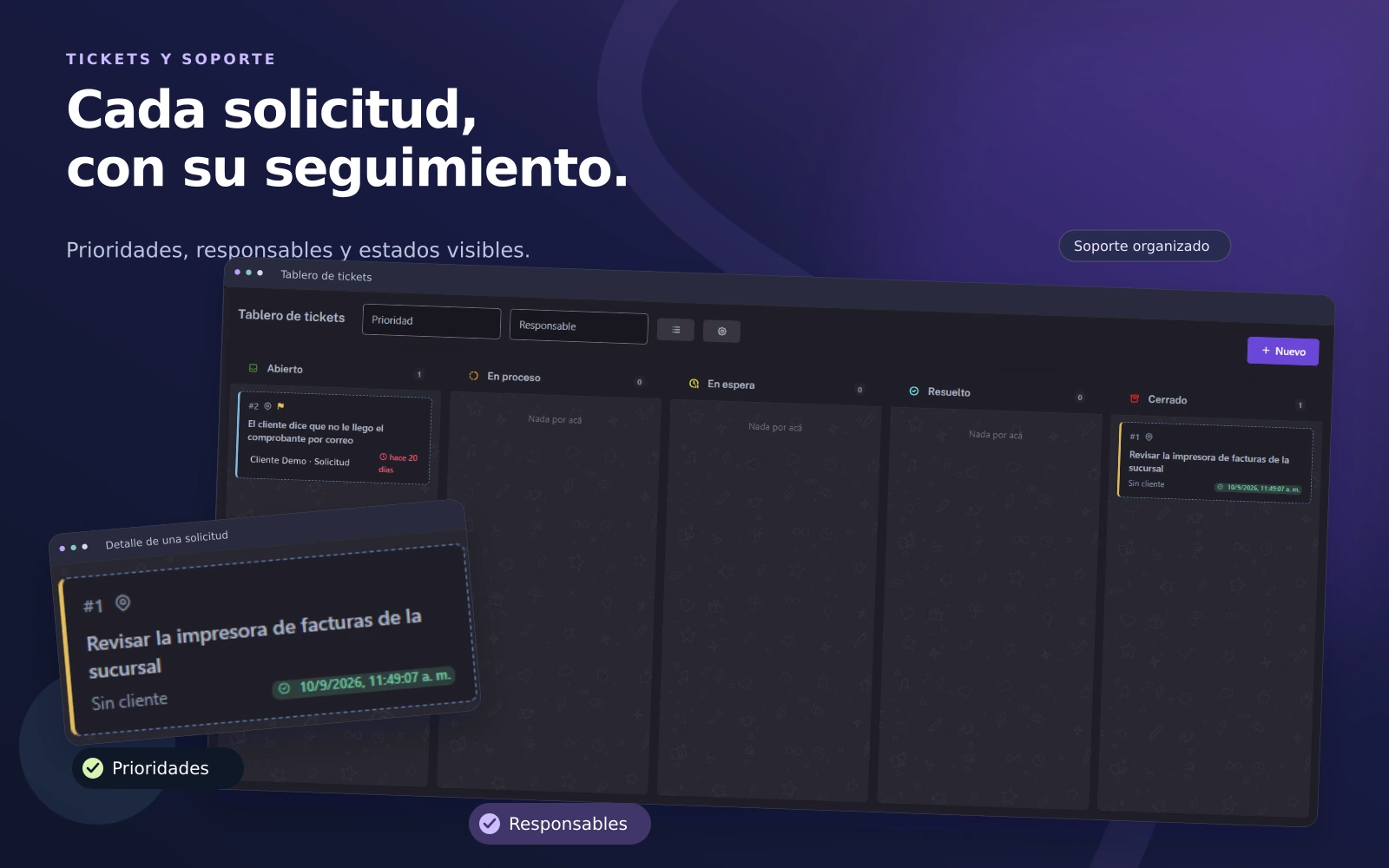 Pantalla del módulo de tickets de asistencia en el sistema